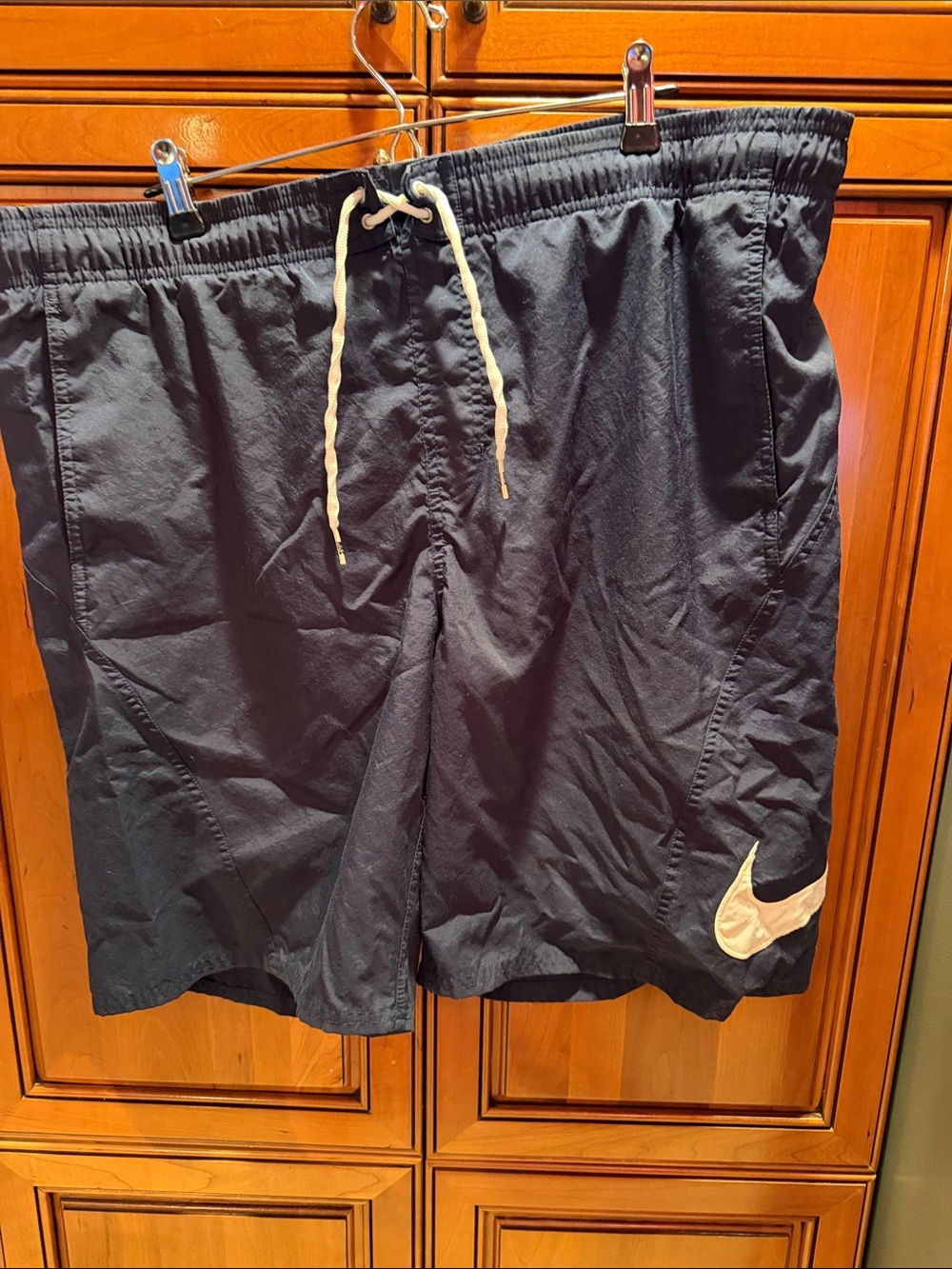 Nike Black Swim Shorts with White Swoosh and Drawstring